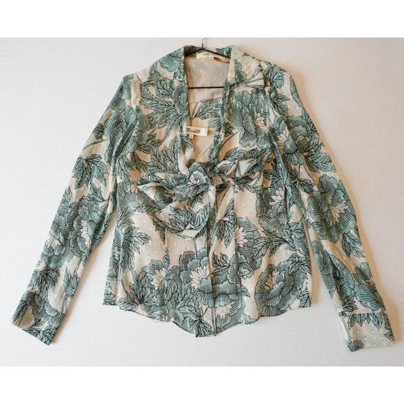 Womens Green Floral Tie Front Blouse Chinoiserie Swiss Dot Long Sleeve Top - Picture 3 of 3